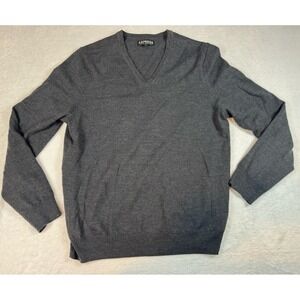 Express Men's Merino Wool Vneck Sweater Medium Black Classic Academia Cozy Comfy